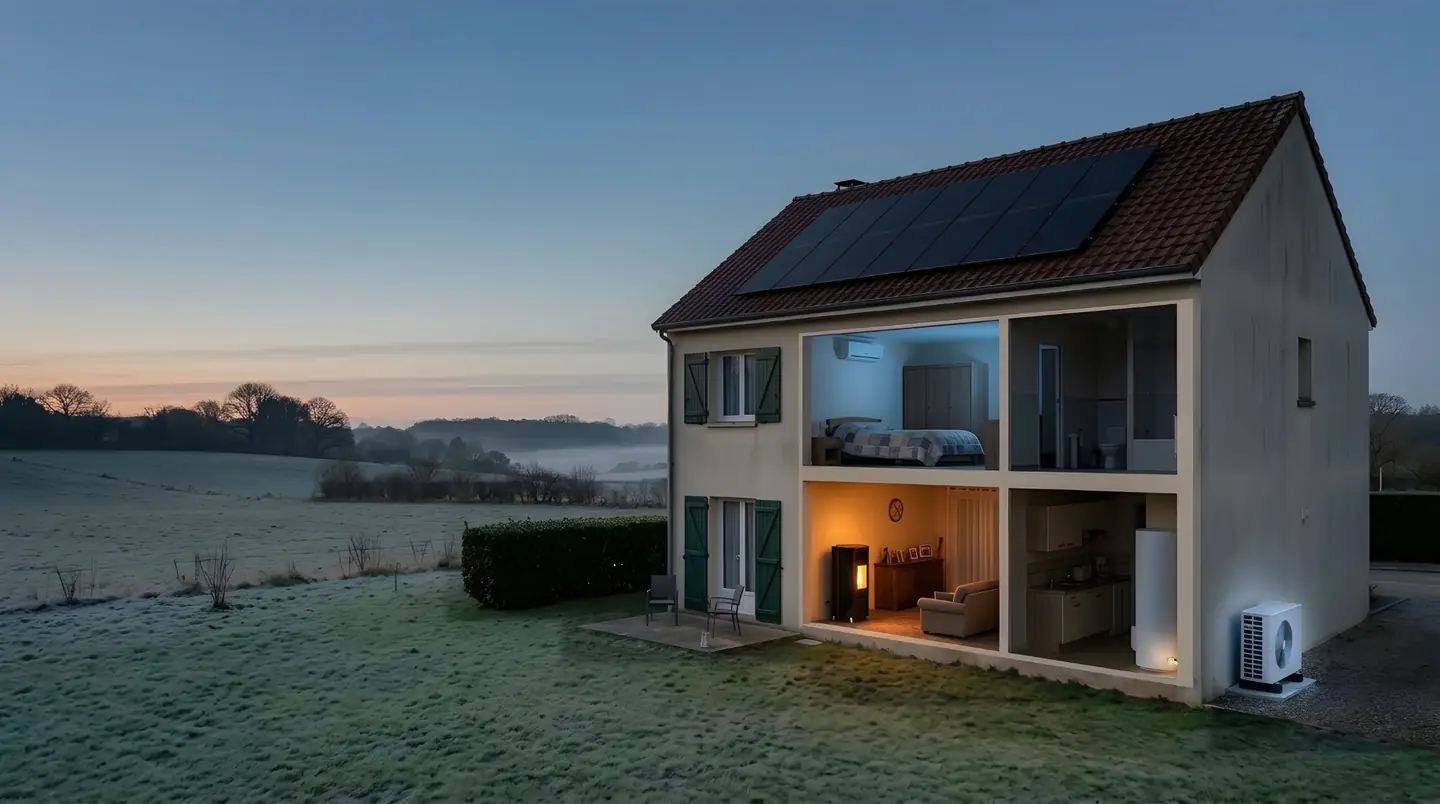 Illustration : maison en coupe à l’aube, panneaux solaires sur le toit, poêle allumé au salon, chauffe-eau et pompe à chaleur