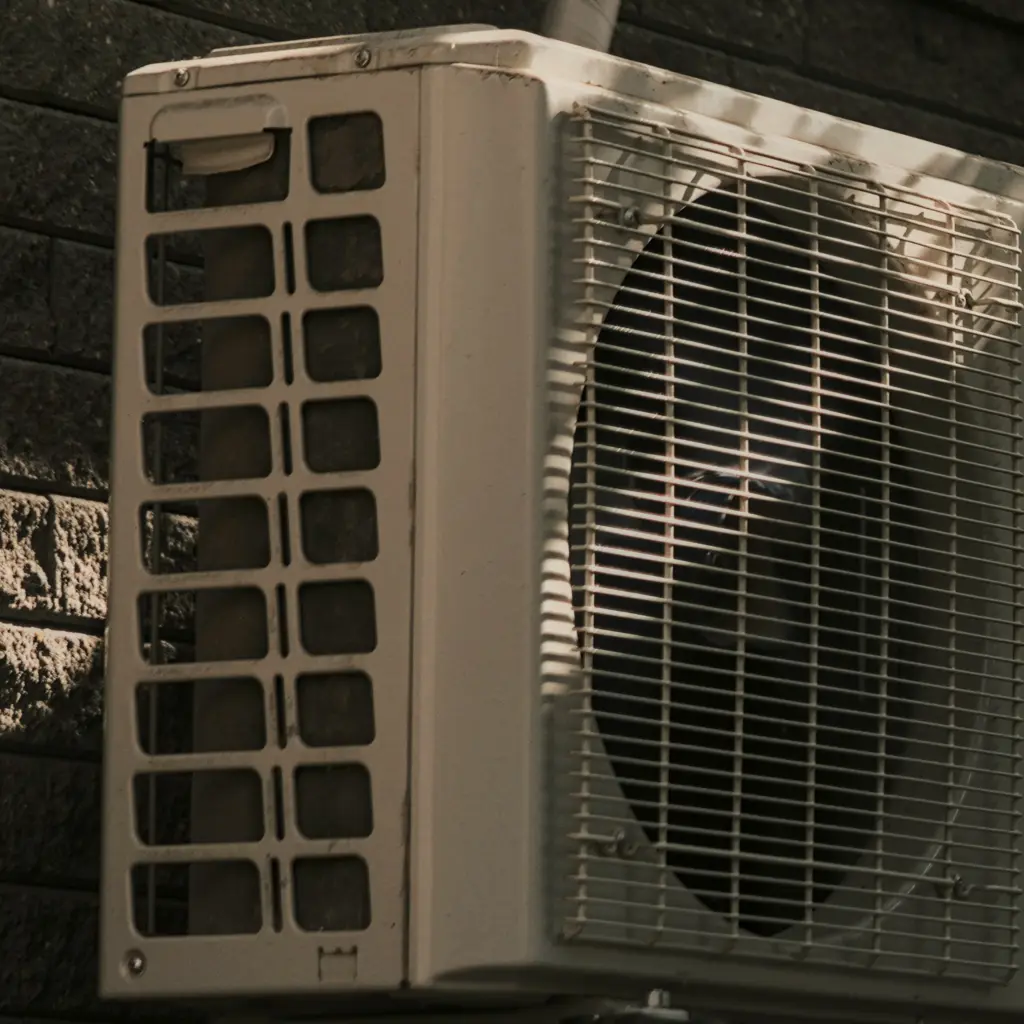 Unité extérieure de climatisation posée sur un muret, contre un mur en blocs sombres